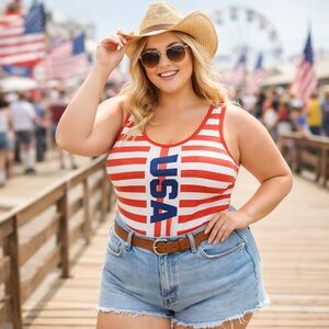 Isaac Morris USA Graphic Red White Stripe Bodysuit Tank NWT XXL Patriotic Summer